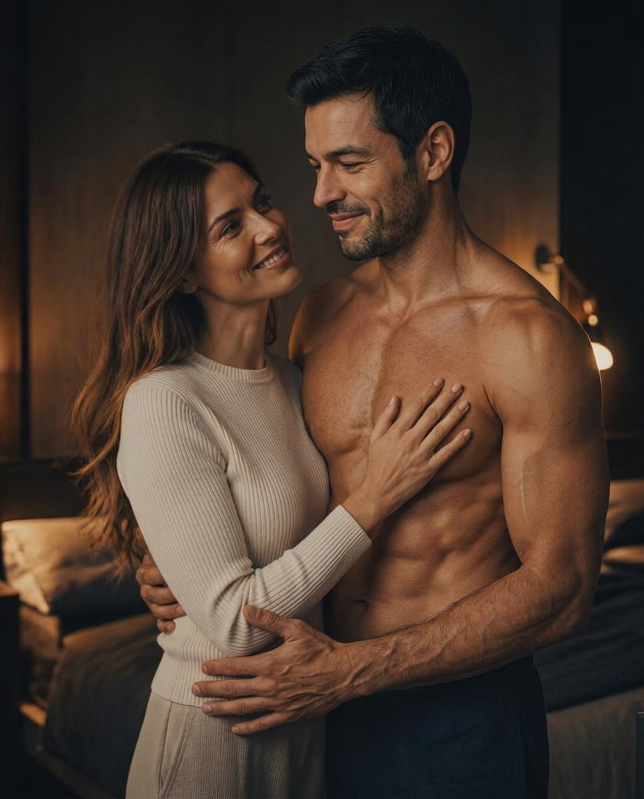 Casal adulto em clima de intimidade e cumplicidade no quarto